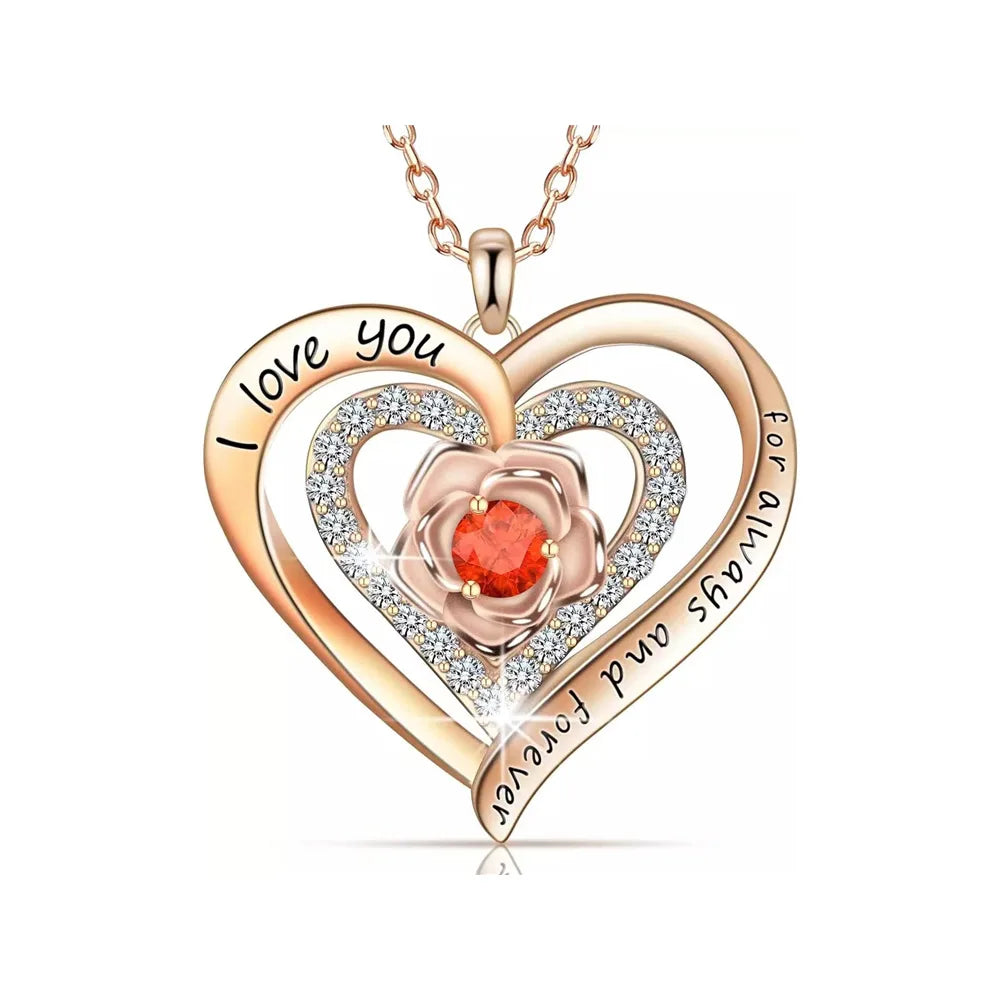 Luxury Red Zircon Pendant Necklaces With Rose Flower Jewelry